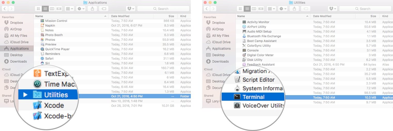 Double-click on Utilities, then double-click on Terminal