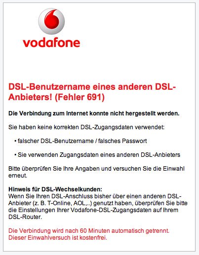 Lösung: Vodafone-Fehler 691 (Benutzername gesperrt)